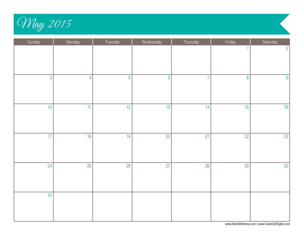 2015 May Calendar Page: 30 days of free printables from MerlotMommy.com and GeekGirlDigital.com