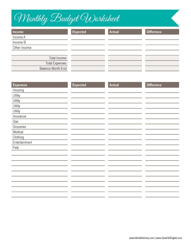 2015 2015 Monthly Budget Worksheet: 30 days of free printables from MerlotMommy.com and GeekGirlDigital.com