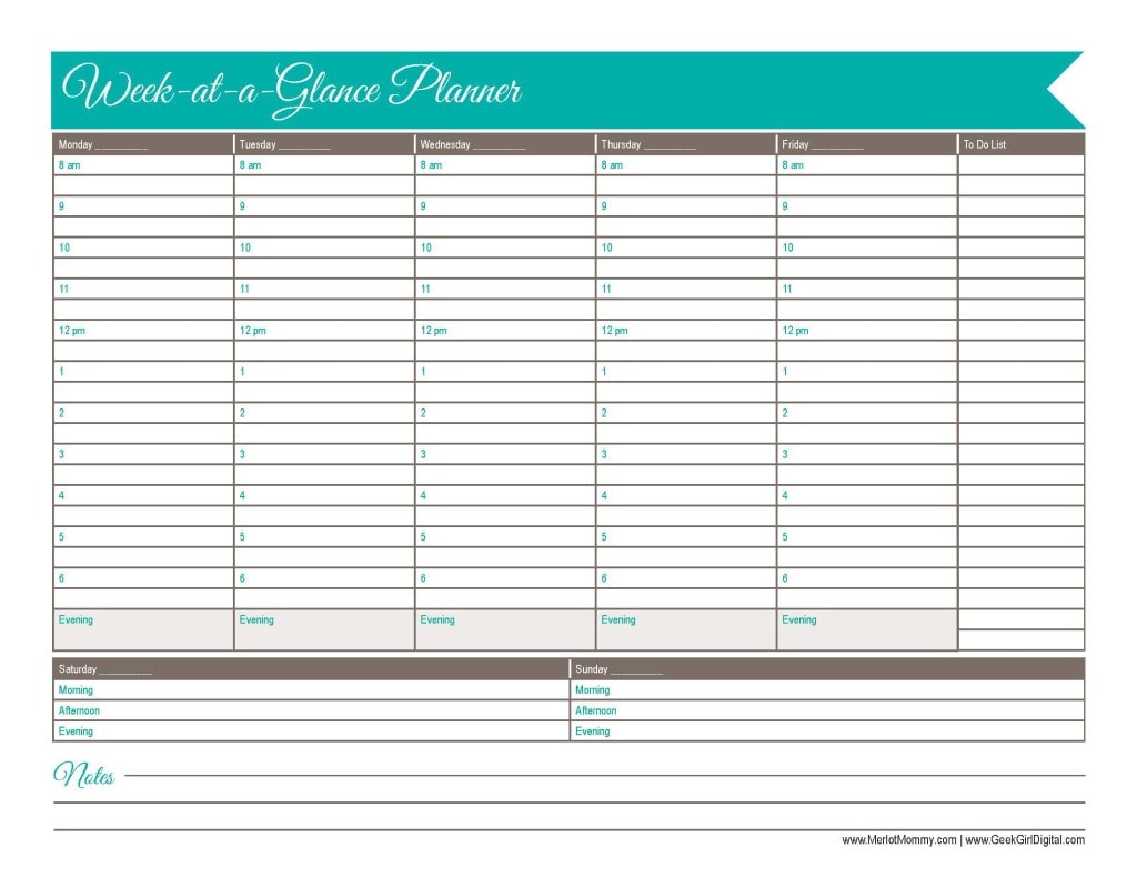 Week-at-a-Glance Calendar Page: 30 days of free printables from MerlotMommy.com and GeekGirlDigital.com