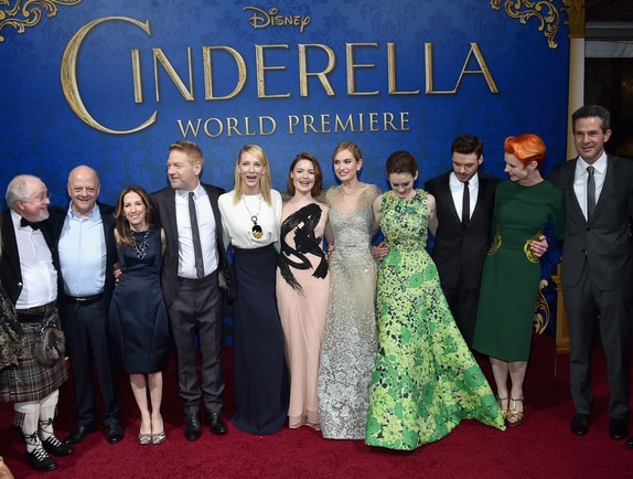 HOLLYWOOD, CA - MARCH 01: (L-R) Composer Patrick Doyle, producers David Barron and Allison Shearmur, director Kenneth Branagh, actors Cate Blanchett, Holliday Grainger, Lily James, Sophie McShera and Richard Madden, costume designer Sandy Powell and screenwriter Chris Weitz attend the World Premiere of Disney?s ?Cinderella?, Kenneth Branagh?s breathtaking live-action feature, at the legendary El Capitan Theatre on Hollywood Blvd, on March 1, 2015. The film's stars have been dazzling theater-goer?s and fans alike as they continue their tour around the world. Hollywood, California. (Photo by Alberto E. Rodriguez/Getty Images for Disney) *** Local Caption *** Patrick Doyle;David Barron;Allison Shearmur;Kenneth Branagh;Cate Blanchett;Holliday Grainger;Lily James;Sophie McShera;Richard Madden;Sandy Powell;Chris Weitz