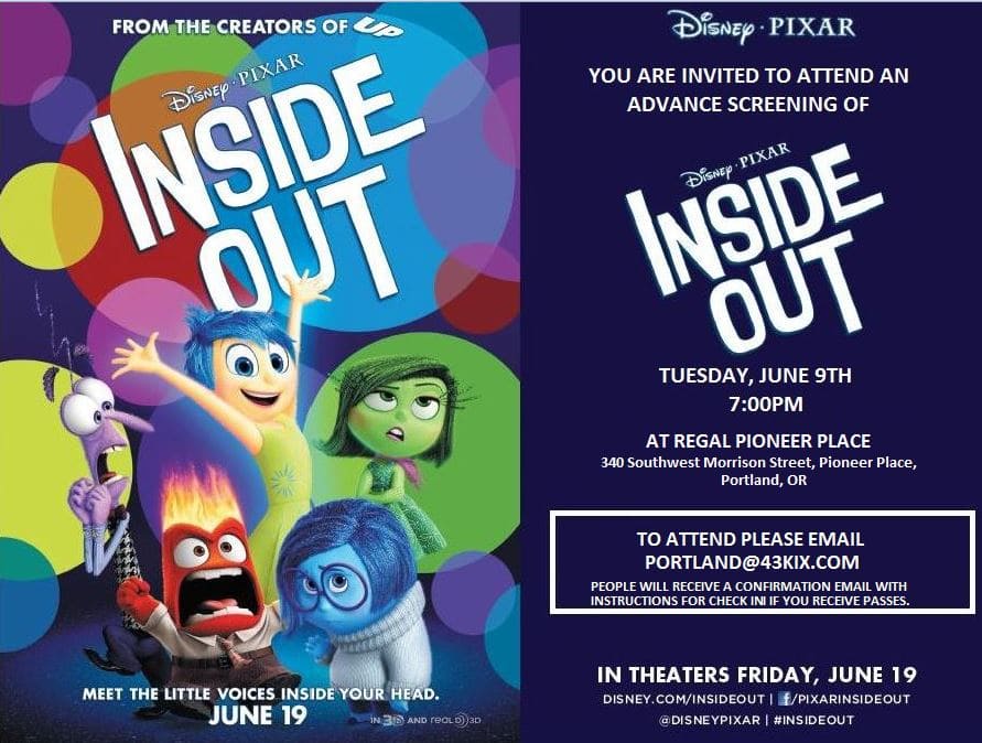 FREE Pixar Inside Out Screening in Portland 6/9 #PDX #InsideOut